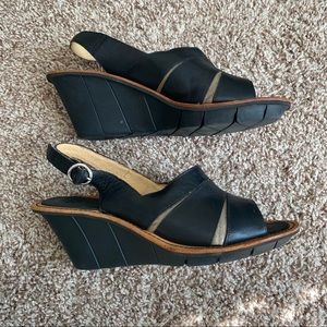 Camper Slingback Black Leather Wedge Sandals